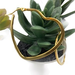 Heart Hoop Earrings French Clip Gold Stainless Steel 1.5” x 1.5”